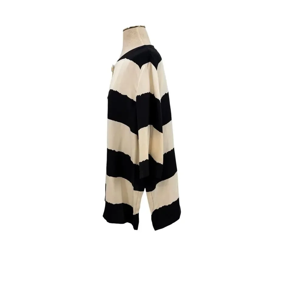 Marina‎ Rinaldi Silk Stripe Button Front Top Black Ivory Italy US 16 25